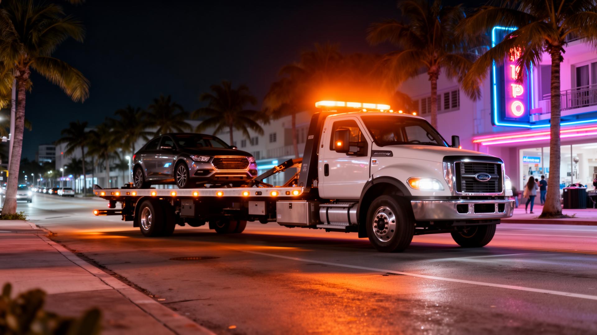 Tow truck assisting a vehicle in Miami at night